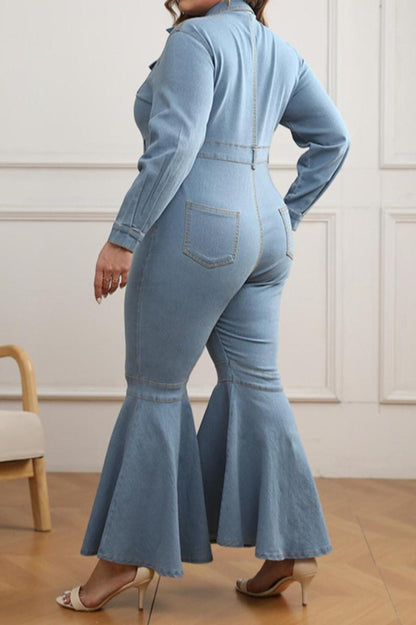 Plus Size Zip-Up Denim Flare Leg Jumpsuit