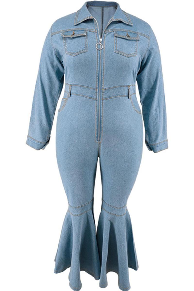 Plus Size Zip-Up Denim Flare Leg Jumpsuit