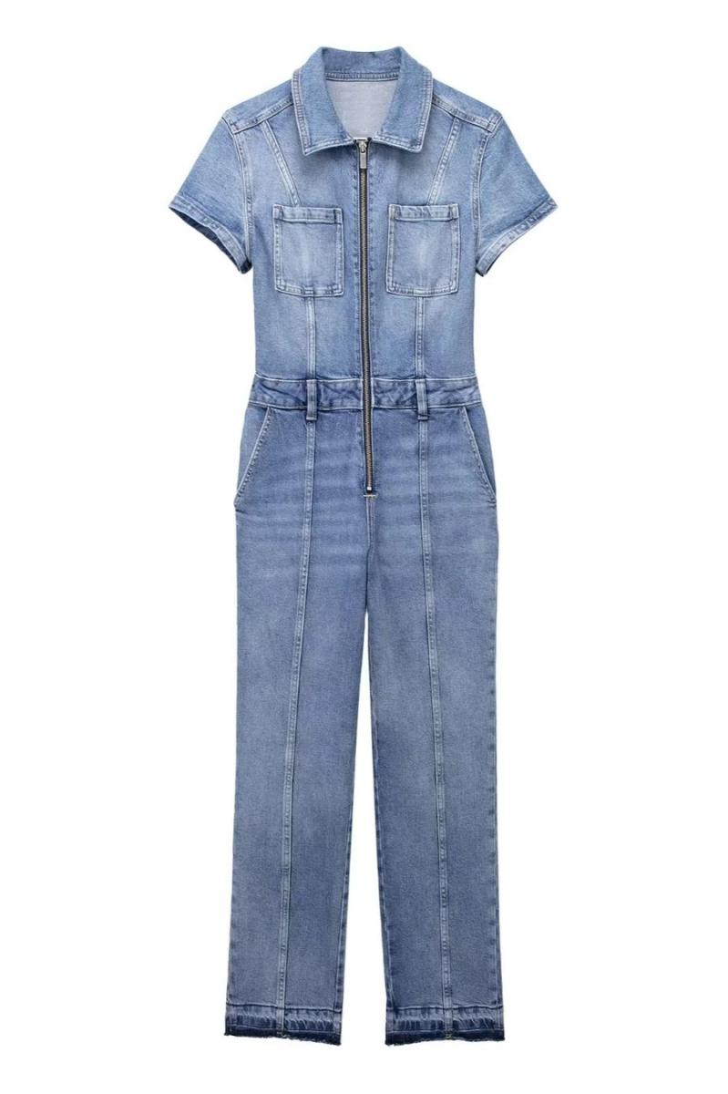 Denim Lapel Zip-Up Jumpsuit