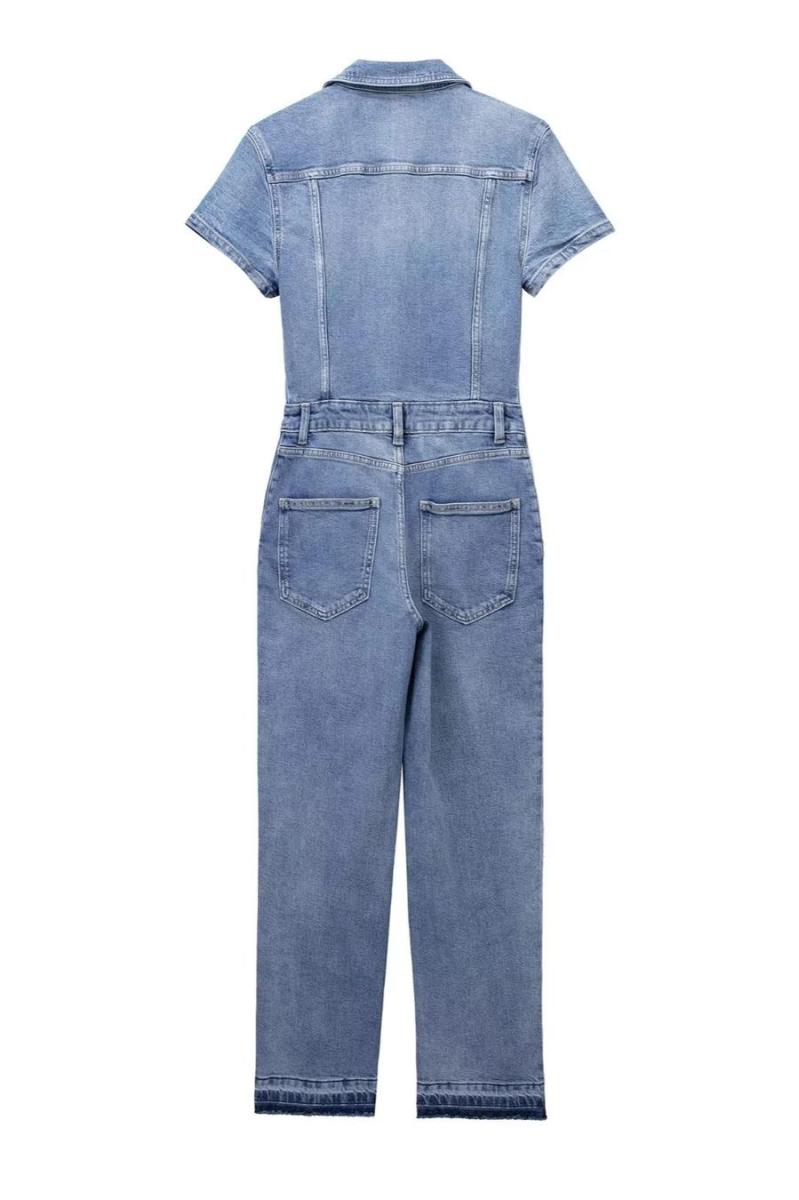 Denim Lapel Zip-Up Jumpsuit