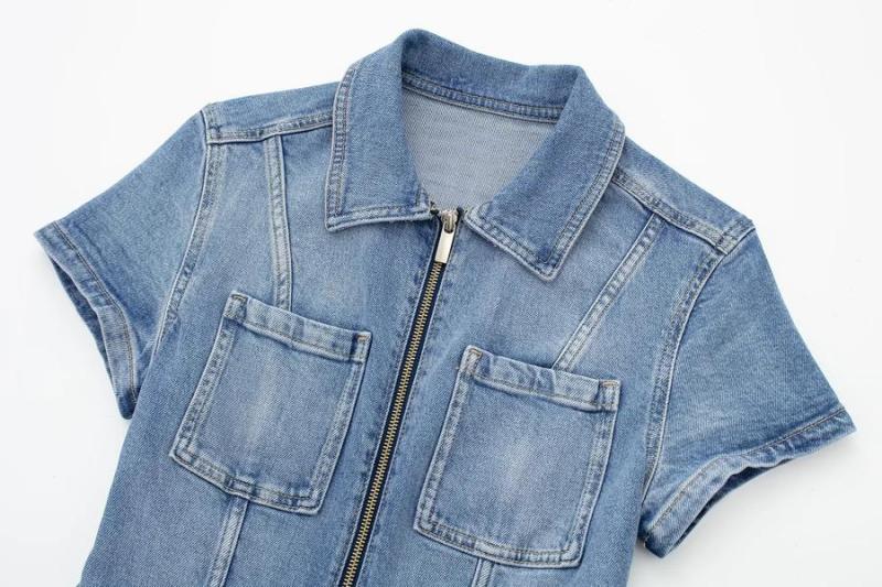 Denim Lapel Zip-Up Jumpsuit