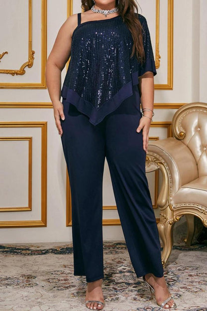 Plus Size One Strap Sequin Shawl Sequin Jumpsuit