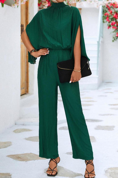 Peekaboo Sleeve Mock Neck Wide Leg Jumpsuit