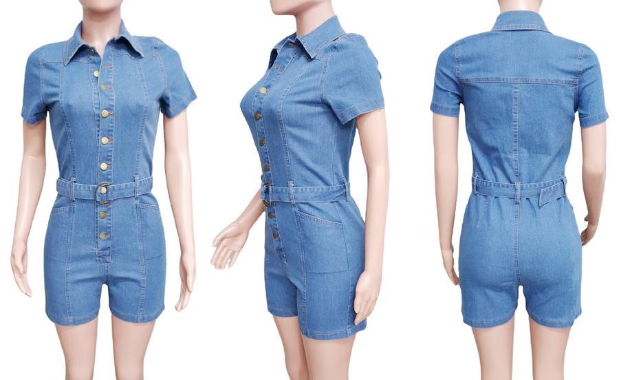 Button Down Belted Denim Romper