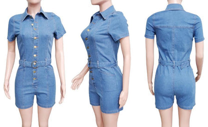 Button Down Belted Denim Romper