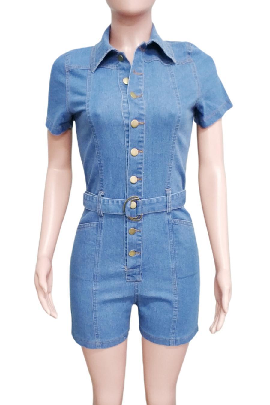 Button Down Belted Denim Romper