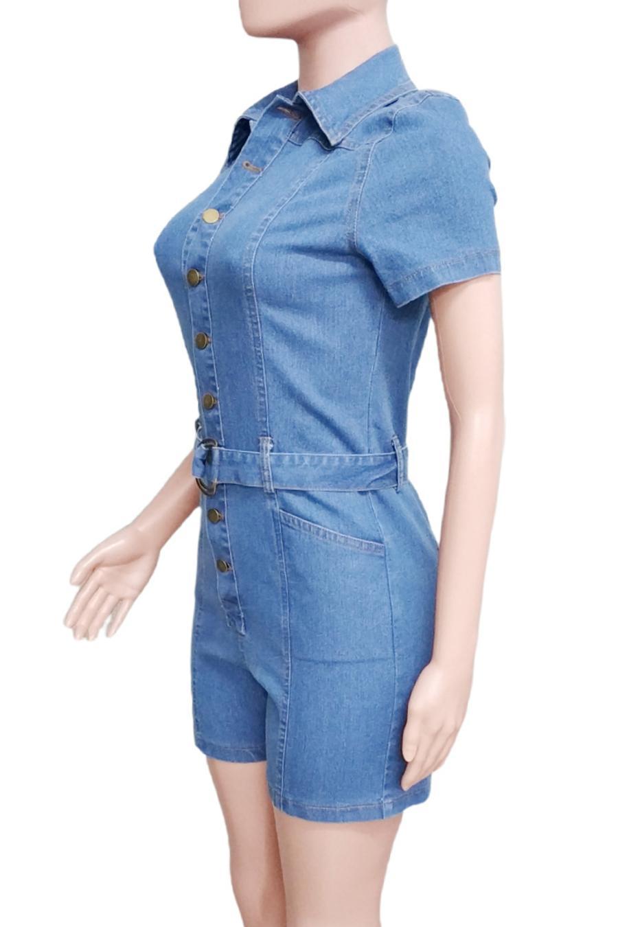 Button Down Belted Denim Romper