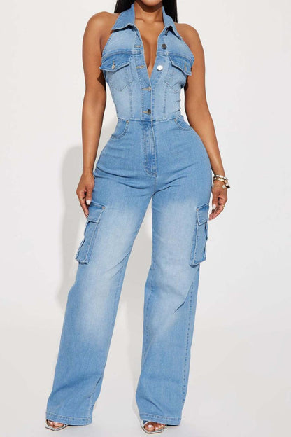 Denim Halter-Neck Button Down Jumpsuit (S-2XL)