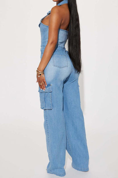 Denim Halter-Neck Button Down Jumpsuit (S-2XL)