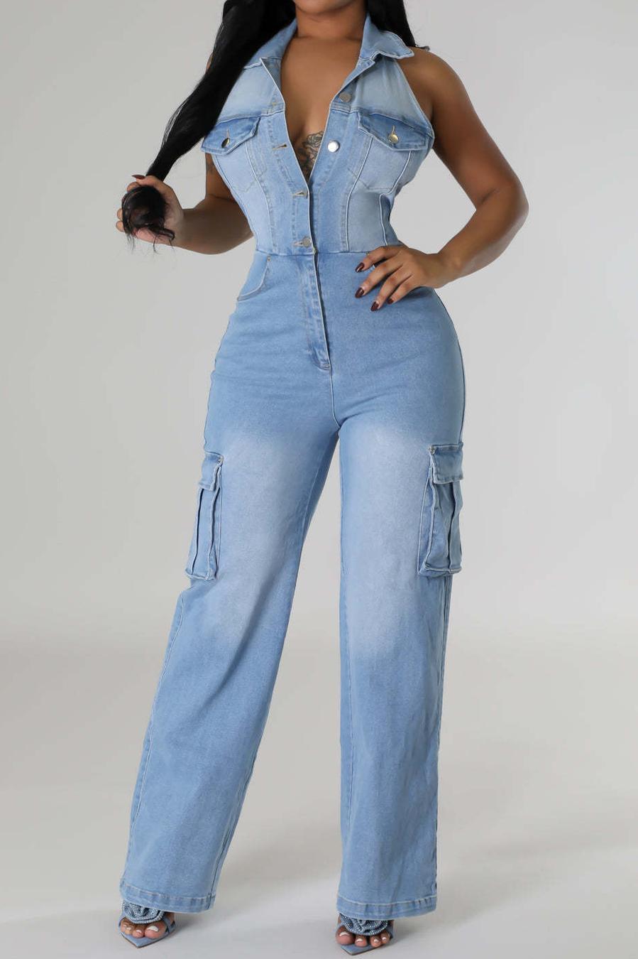 Denim Halter-Neck Button Down Jumpsuit (S-2XL)