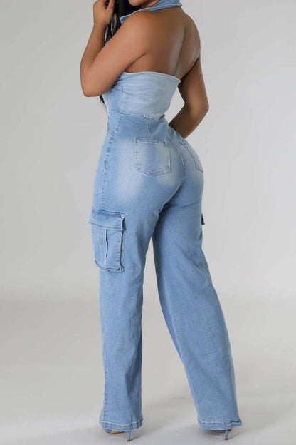 Denim Halter-Neck Button Down Jumpsuit (S-2XL)