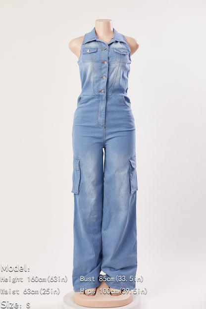 Denim Halter-Neck Button Down Jumpsuit (S-2XL)