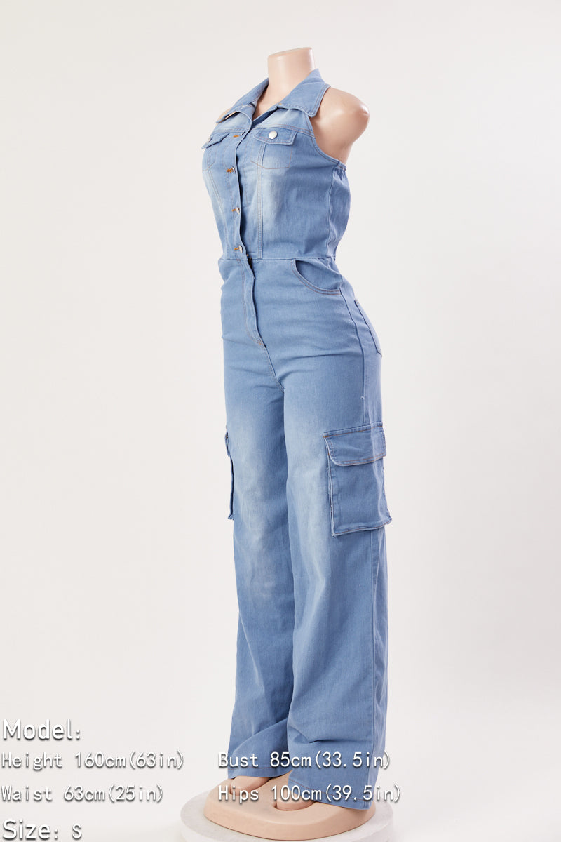 Denim Halter-Neck Button Down Jumpsuit (S-2XL)