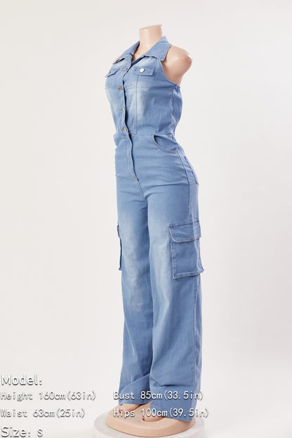 Denim Halter-Neck Button Down Jumpsuit (S-2XL)