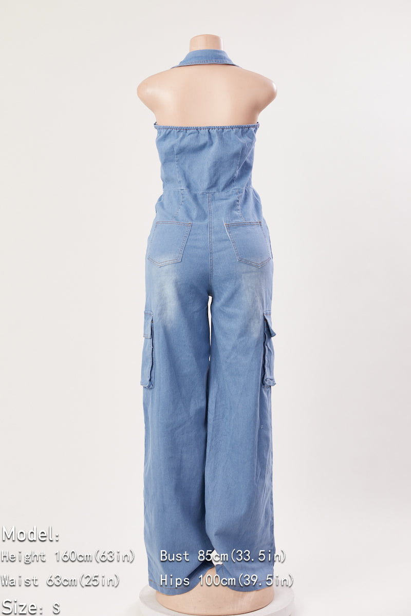 Denim Halter-Neck Button Down Jumpsuit (S-2XL)