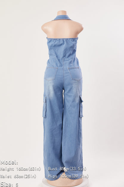 Denim Halter-Neck Button Down Jumpsuit (S-2XL)