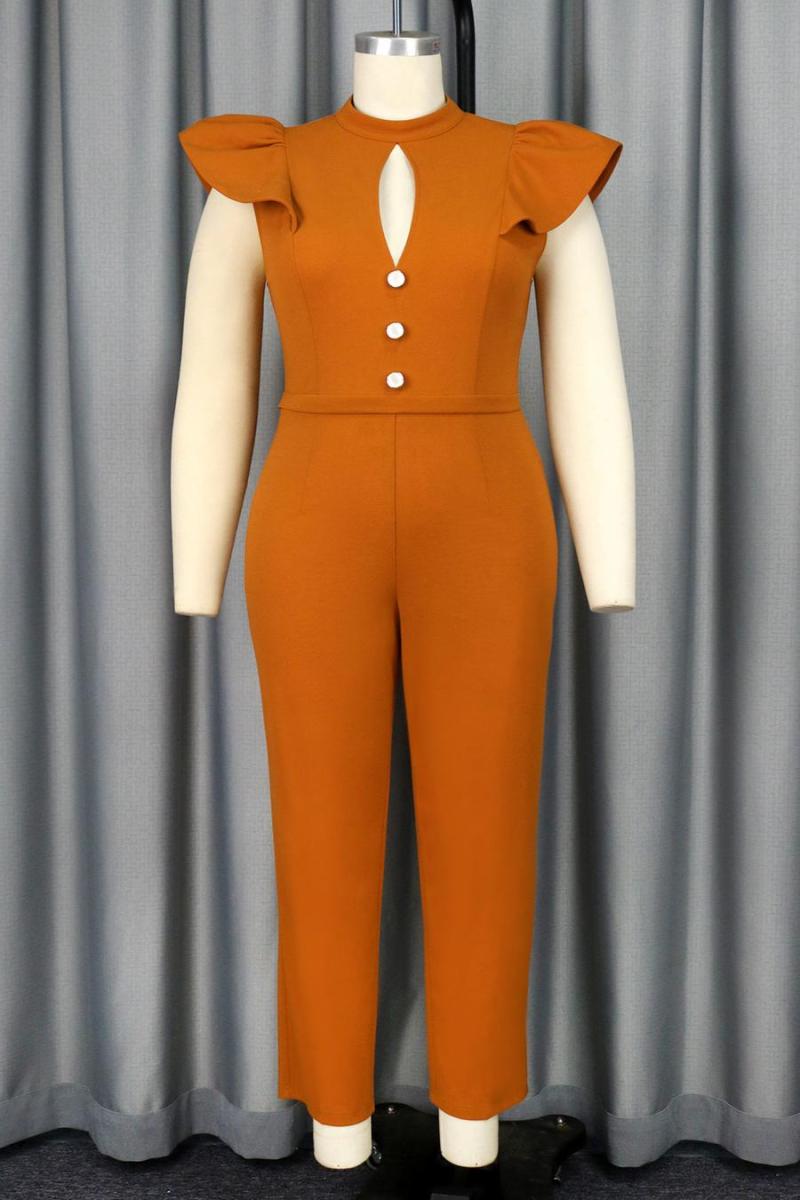 Tangerine Ruffle Decor Crew Neck Jumpsuit