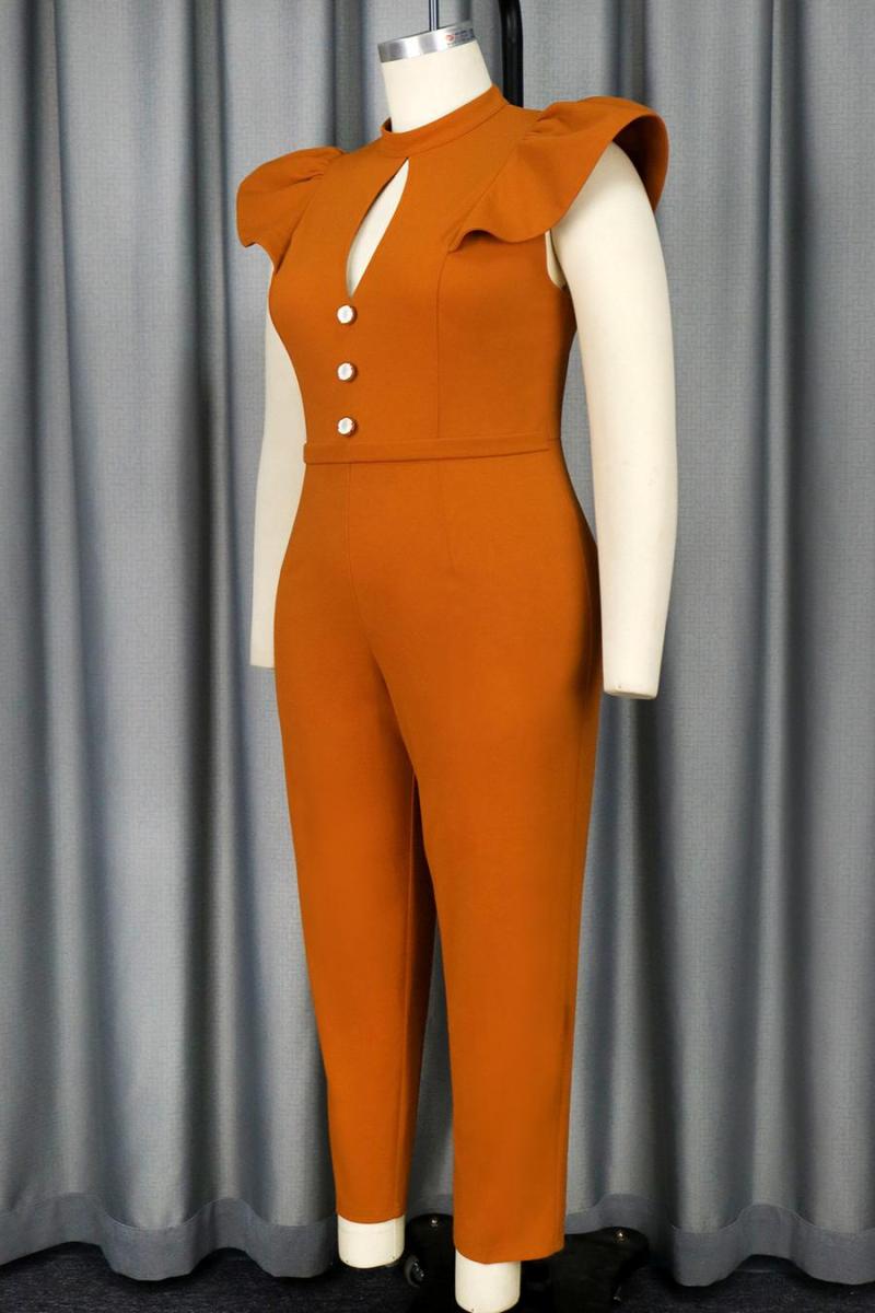 Tangerine Ruffle Decor Crew Neck Jumpsuit