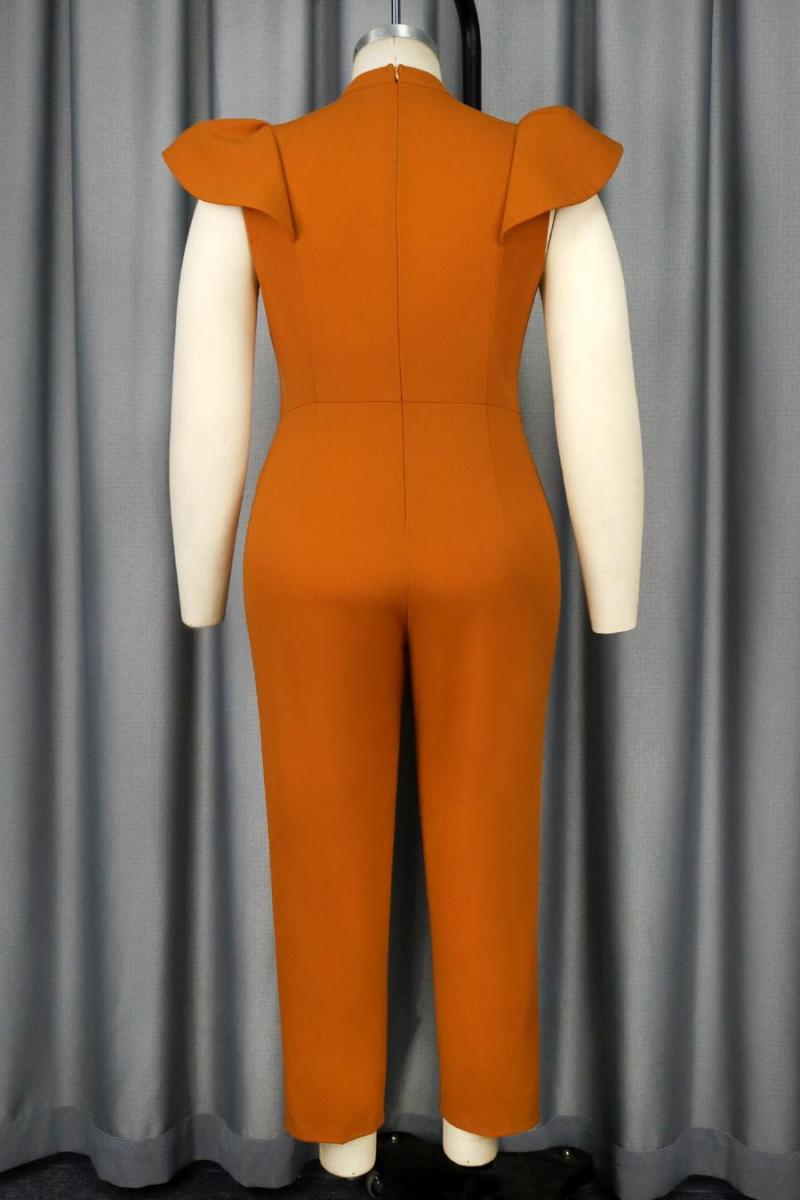 Tangerine Ruffle Decor Crew Neck Jumpsuit