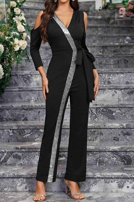 Silver Sequin Strip Black Open Shoulder Belted Jumpsuit