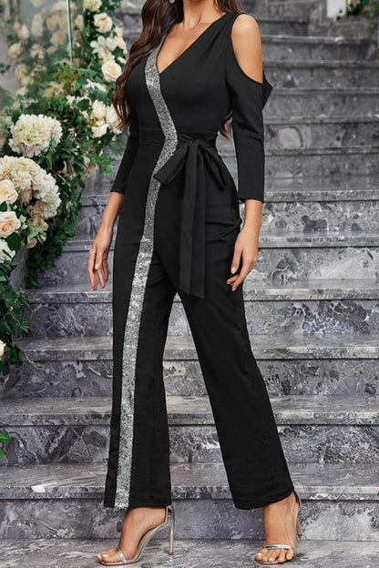 Silver Sequin Strip Black Open Shoulder Belted Jumpsuit