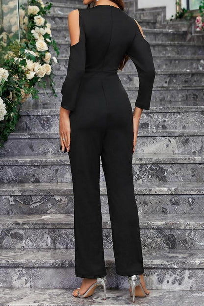 Silver Sequin Strip Black Open Shoulder Belted Jumpsuit