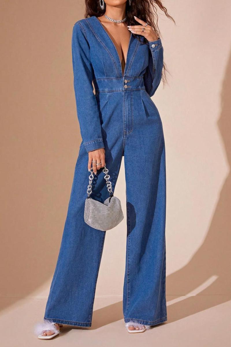 V-Neck Long Sleeve Flared Denim Jumpsuit