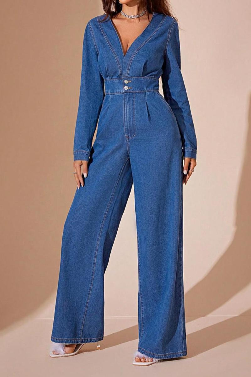 V-Neck Long Sleeve Flared Denim Jumpsuit