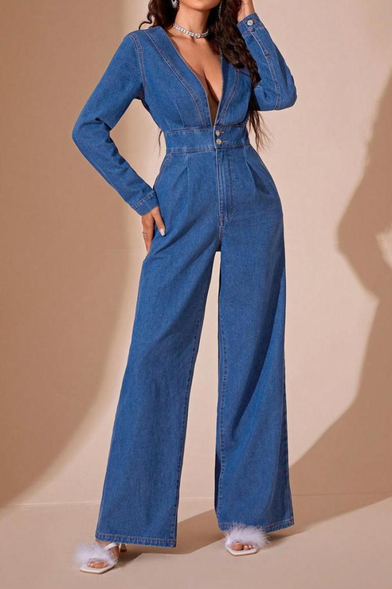 V-Neck Long Sleeve Flared Denim Jumpsuit