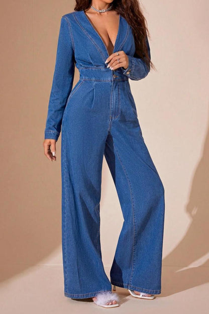 V-Neck Long Sleeve Flared Denim Jumpsuit