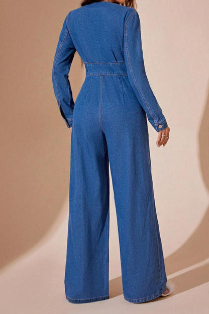 V-Neck Long Sleeve Flared Denim Jumpsuit