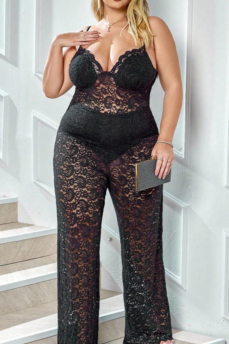 Plus Size Lined Lace Strappy Jumpsuit