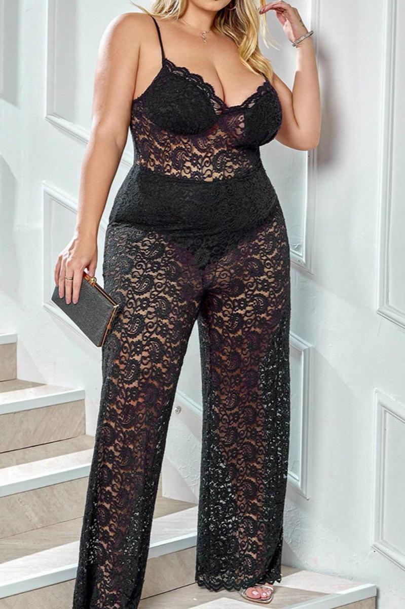 Plus Size Lined Lace Strappy Jumpsuit