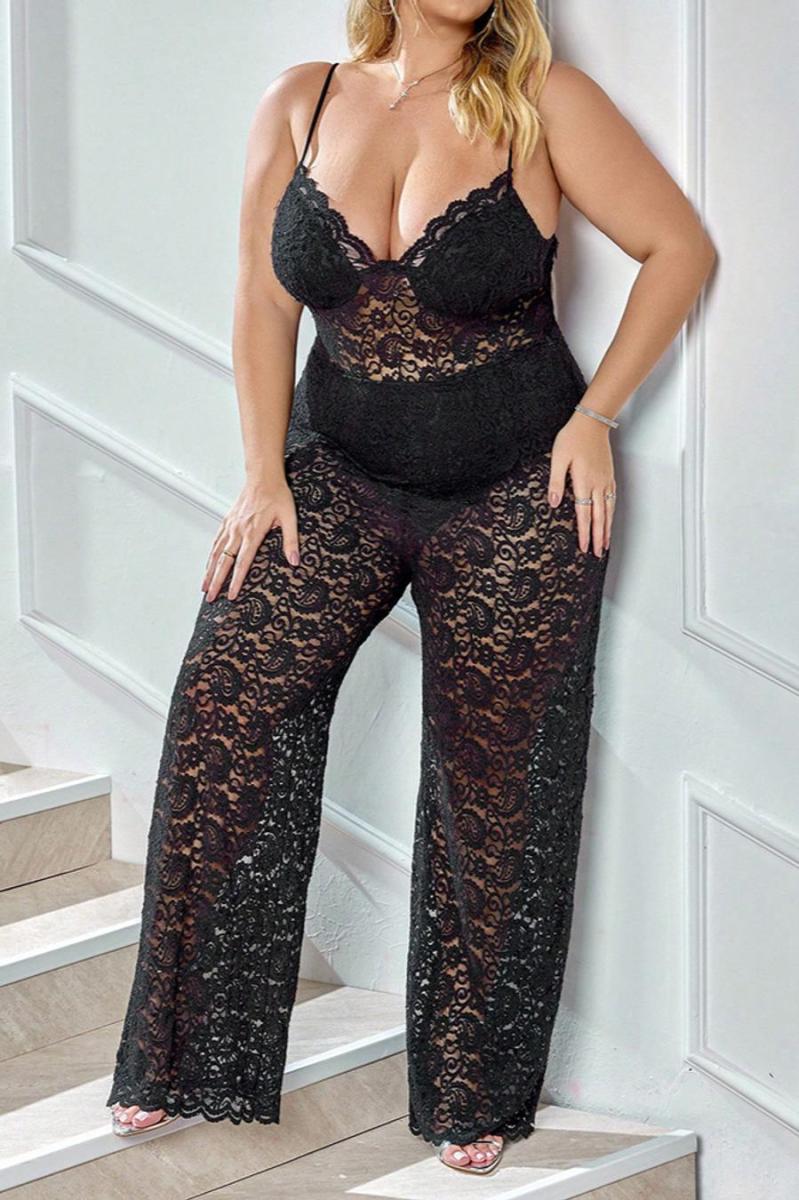 Plus Size Lined Lace Strappy Jumpsuit