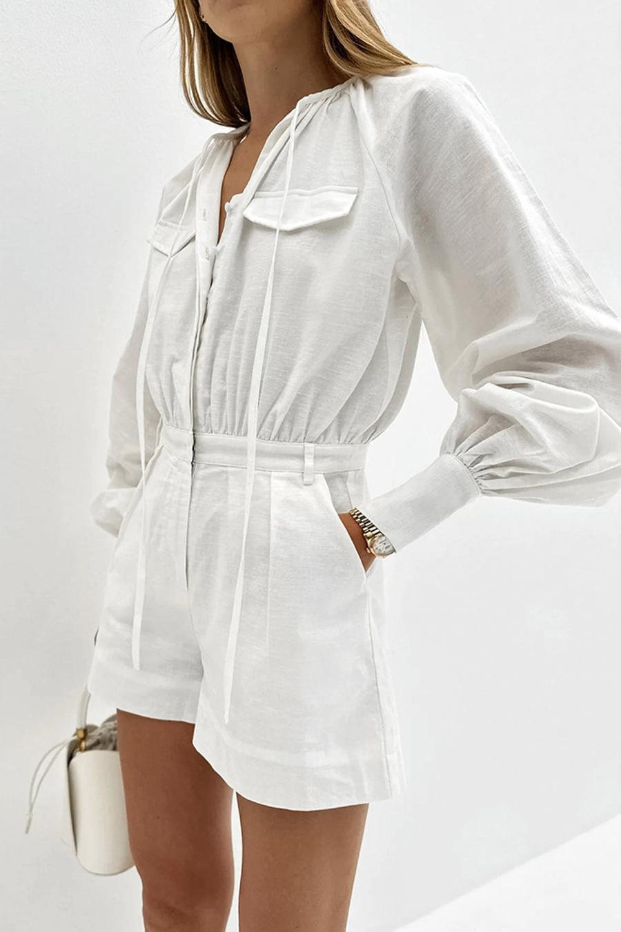 White Long Sleeve Cotton Romper