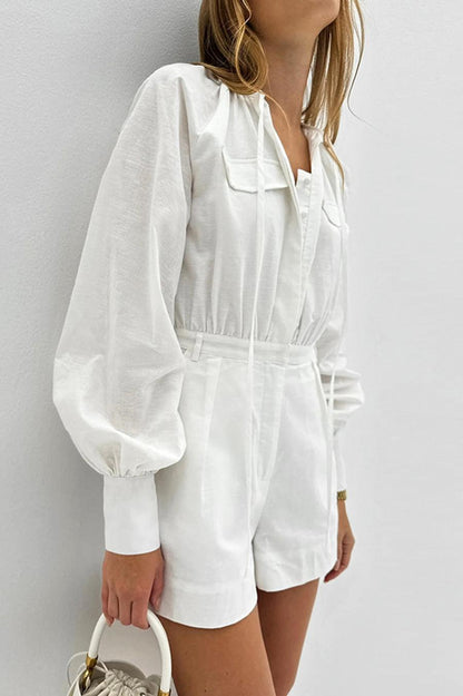 White Long Sleeve Cotton Romper