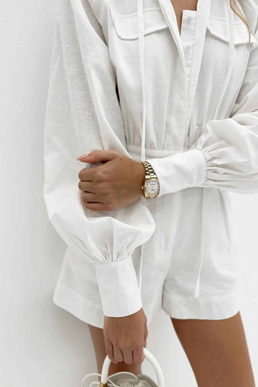 White Long Sleeve Cotton Romper