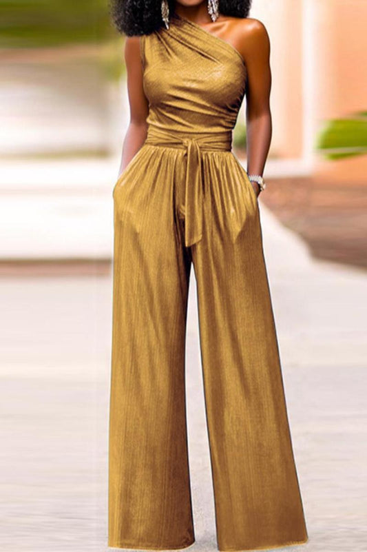 One Shoulder Gold Holograph Jumpsuit