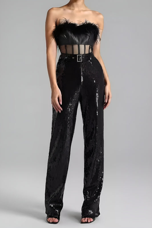 Sequin Mesh Stitch Tube Design Feather Belted Jumpsuit