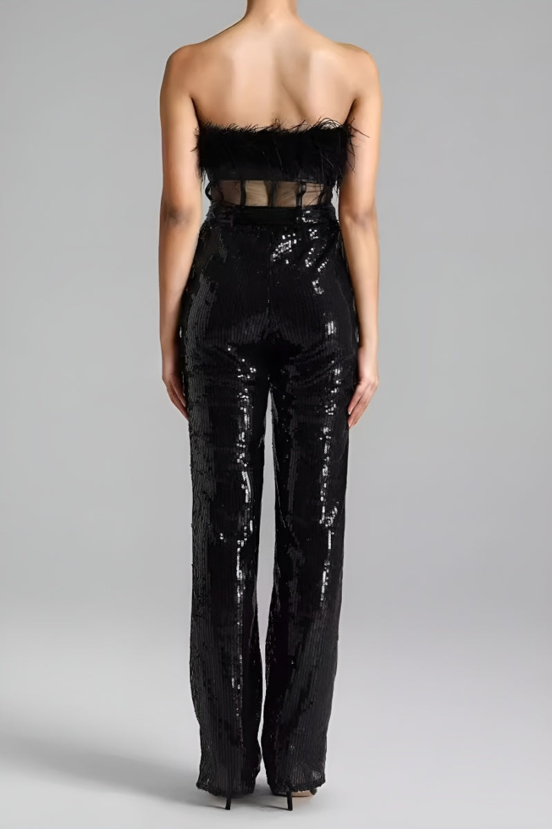 Sequin Mesh Stitch Tube Design Feather Belted Jumpsuit