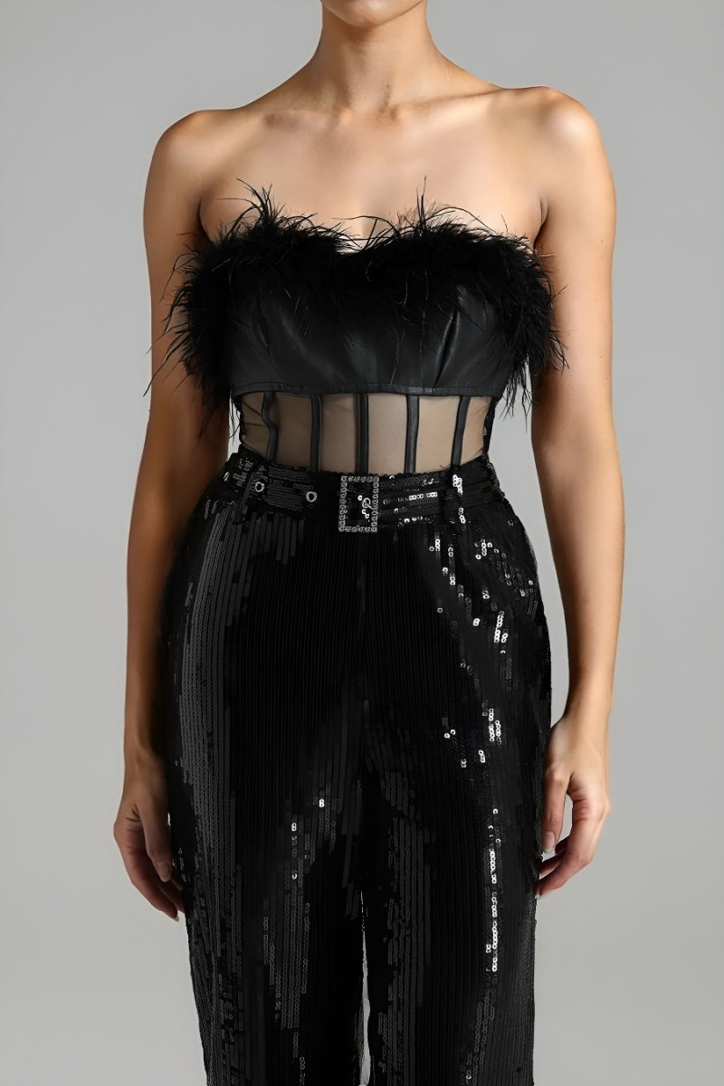 Sequin Mesh Stitch Tube Design Feather Belted Jumpsuit