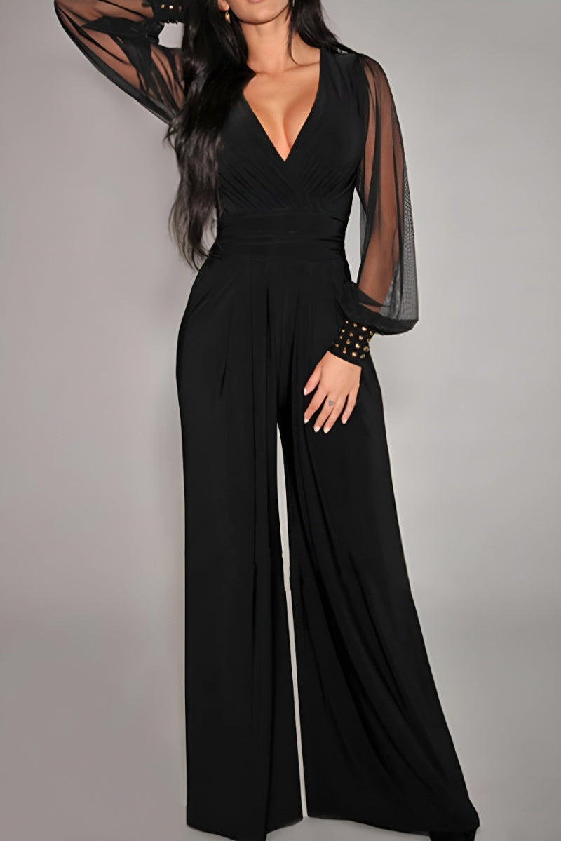 Rivet Decor Sheer Sleeve Wide Leg Jumpsuit