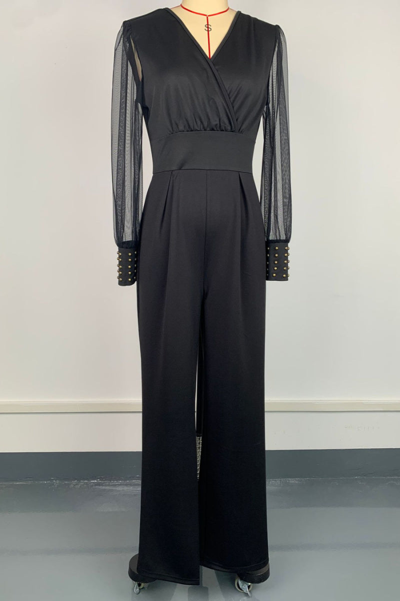 Rivet Decor Sheer Sleeve Wide Leg Jumpsuit