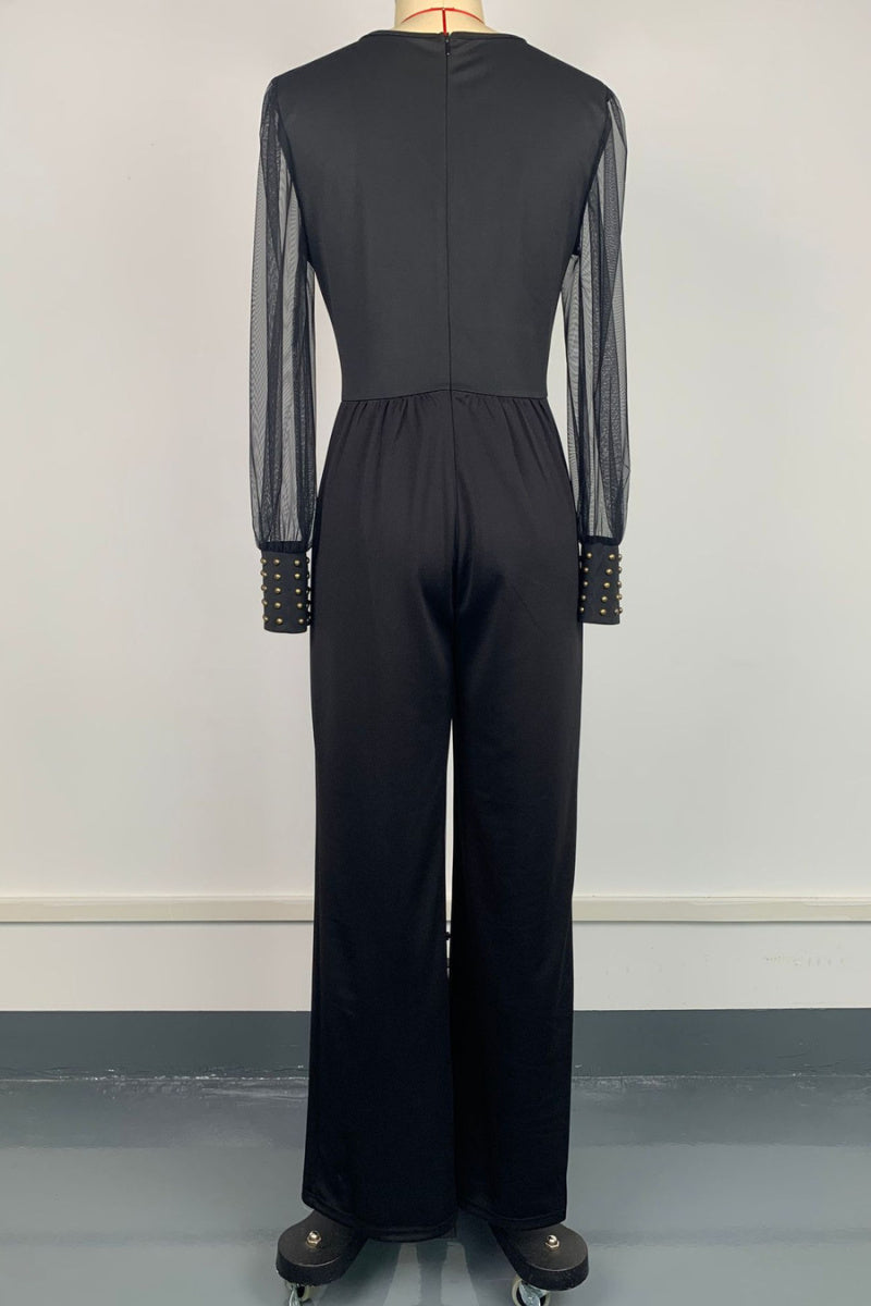 Rivet Decor Sheer Sleeve Wide Leg Jumpsuit