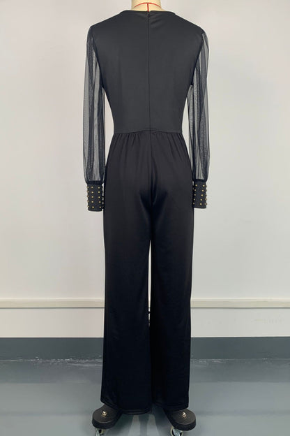 Rivet Decor Sheer Sleeve Wide Leg Jumpsuit