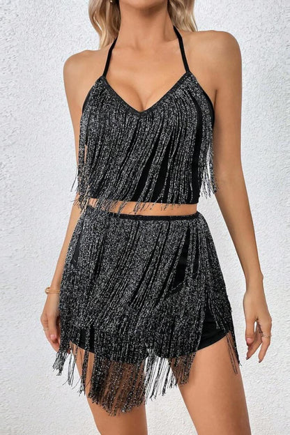 Tassel Halter-Neck Crop Vest Shorts Set