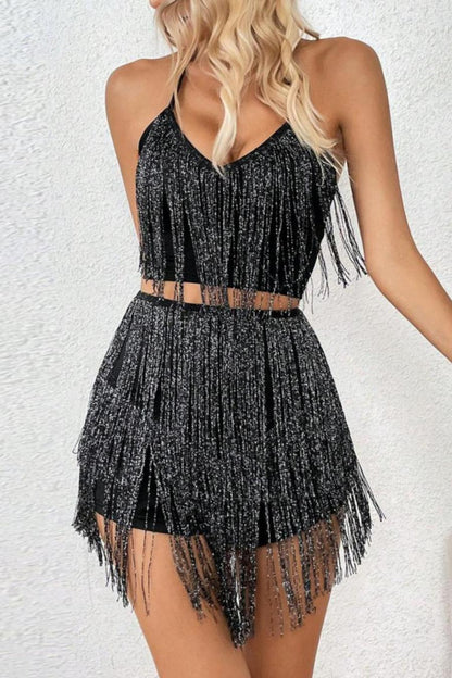 Tassel Halter-Neck Crop Vest Shorts Set