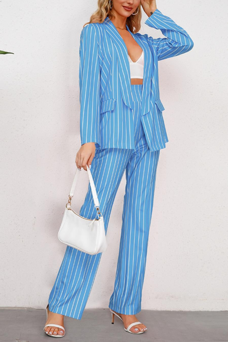 Stripe Print Blazer Pant Suit (S-2XL)