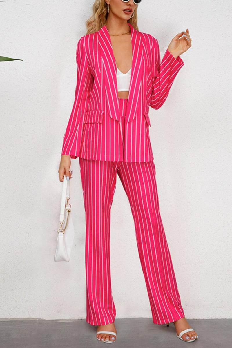 Stripe Print Blazer Pant Suit (S-2XL)