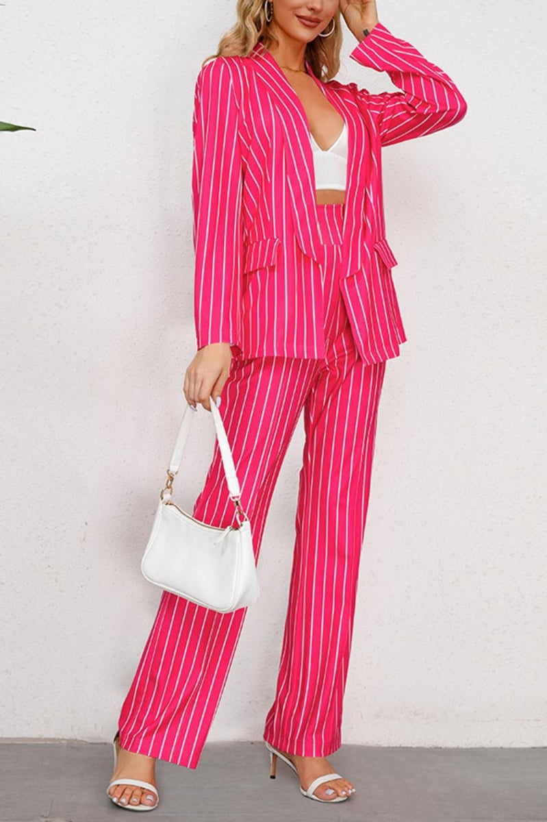 Stripe Print Blazer Pant Suit (S-2XL)